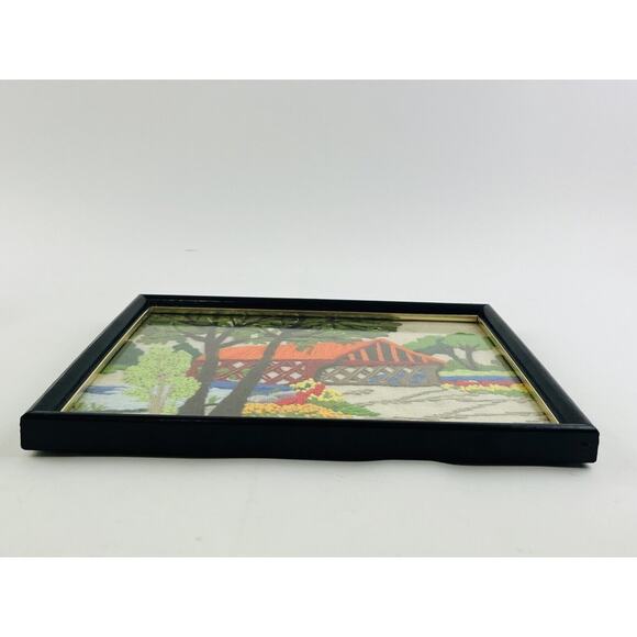 Vintage Crewel Long Stitch Framed Fiber Art Stream Covered Bridge Cottage Trees - Picture 8 of 10